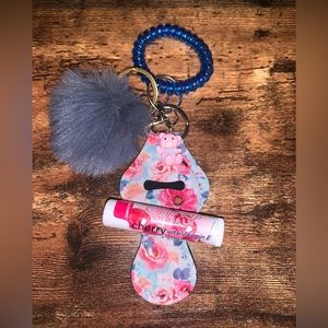 Pink Floral with Blue Background Chapstick Holder Keychain Set
